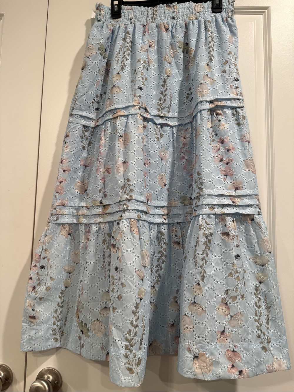 HYFVE Light Blue Floral Eyelet Tiered Maxi Skirt